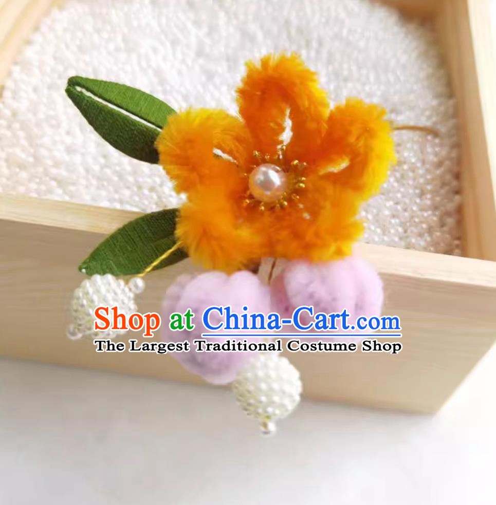 Chinese Traditional Headpiece Handmade Hair Jewelry Hanfu Velvet Flower Hairpin Orange Wrapped Plum Blossom Hair Stick