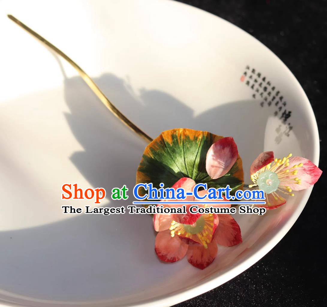 Intangible Cultural Heritage Handmade Silk Velvet Lotus Flower Hairpin Chinese Hanfu Qipao Hair Jewelry Traditional Hair Stick