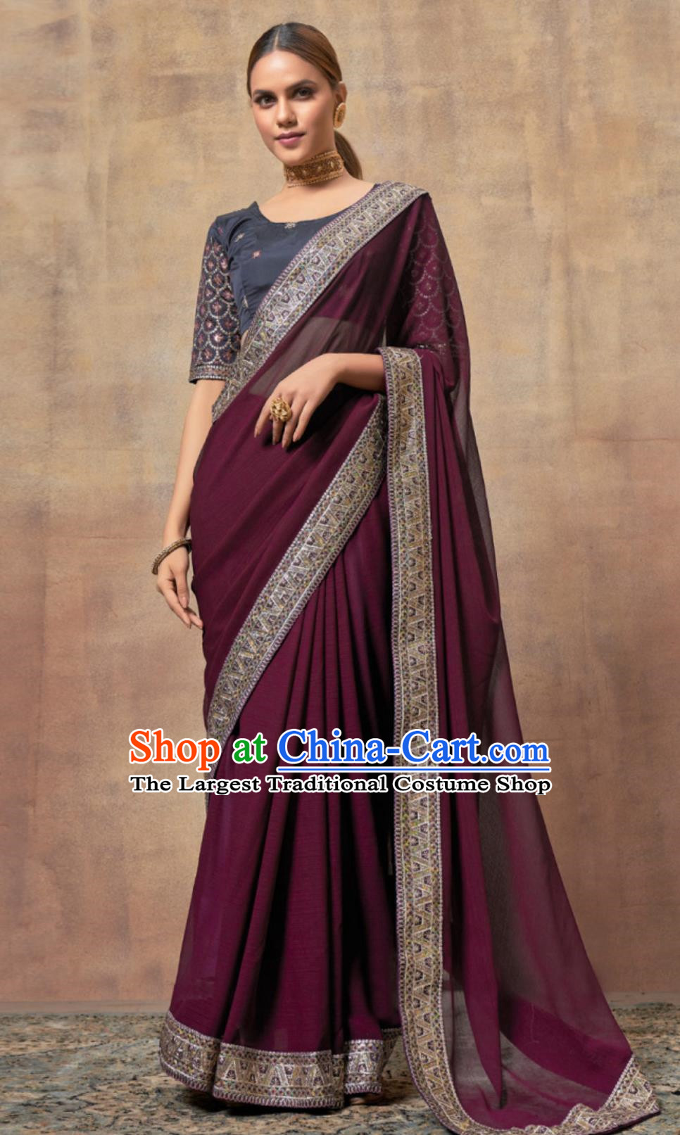 India Deep Purple Slimming Blouse and Wrap Skirt National Clothing Traditional Indian Women Sari
