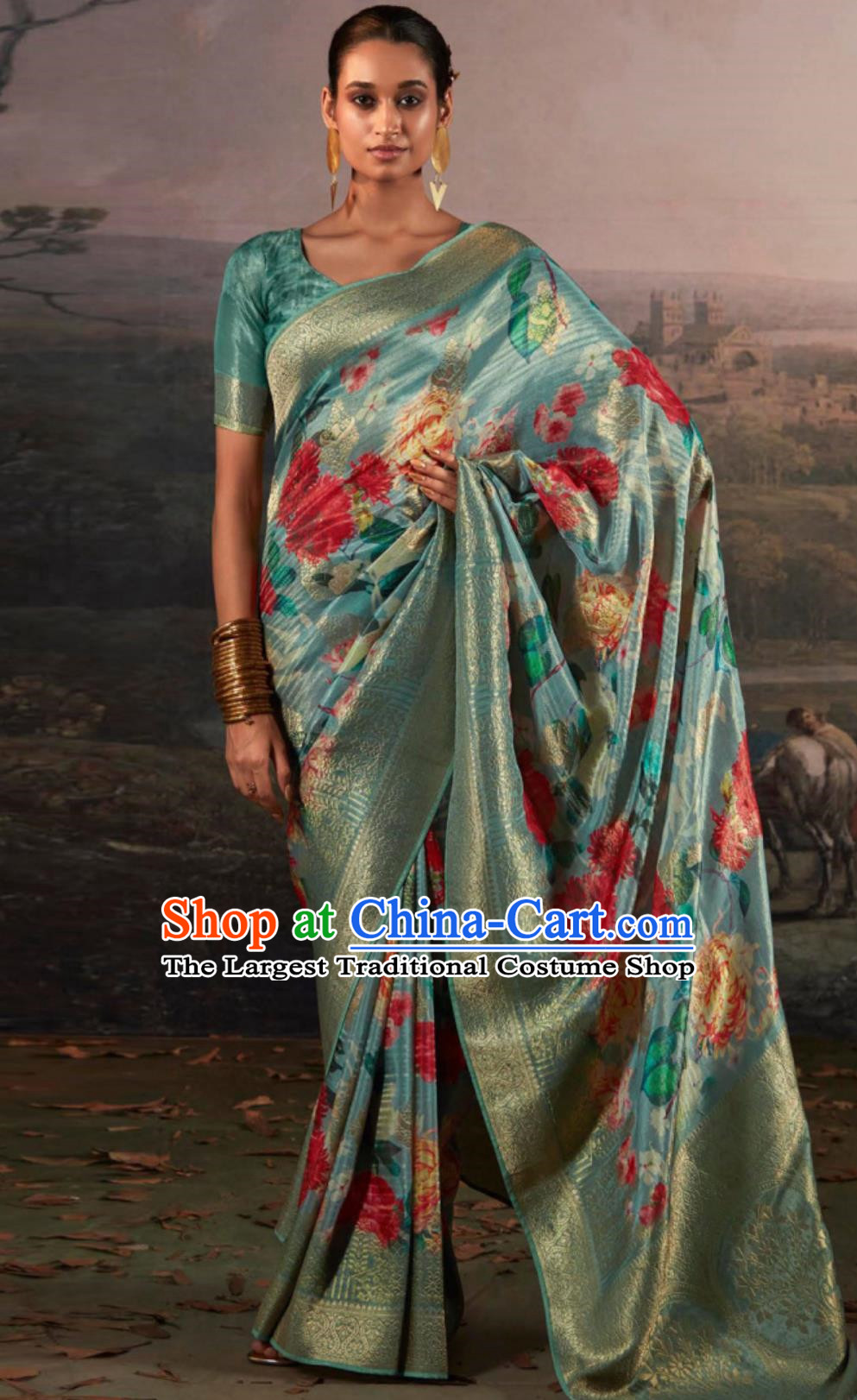 Indian National Clothing India Traditional Costume Women Lake Blue Sari Dress
