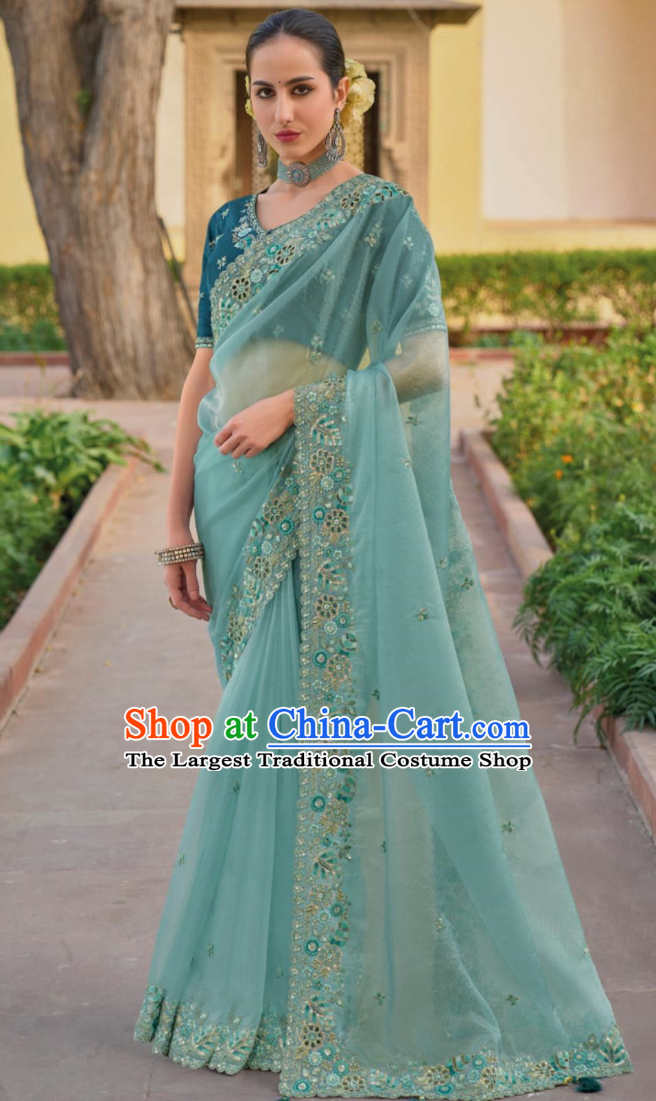 India Traditional Sari National Clothing Indian Festival Costume Women Embroidered Light Blue Saree Dress