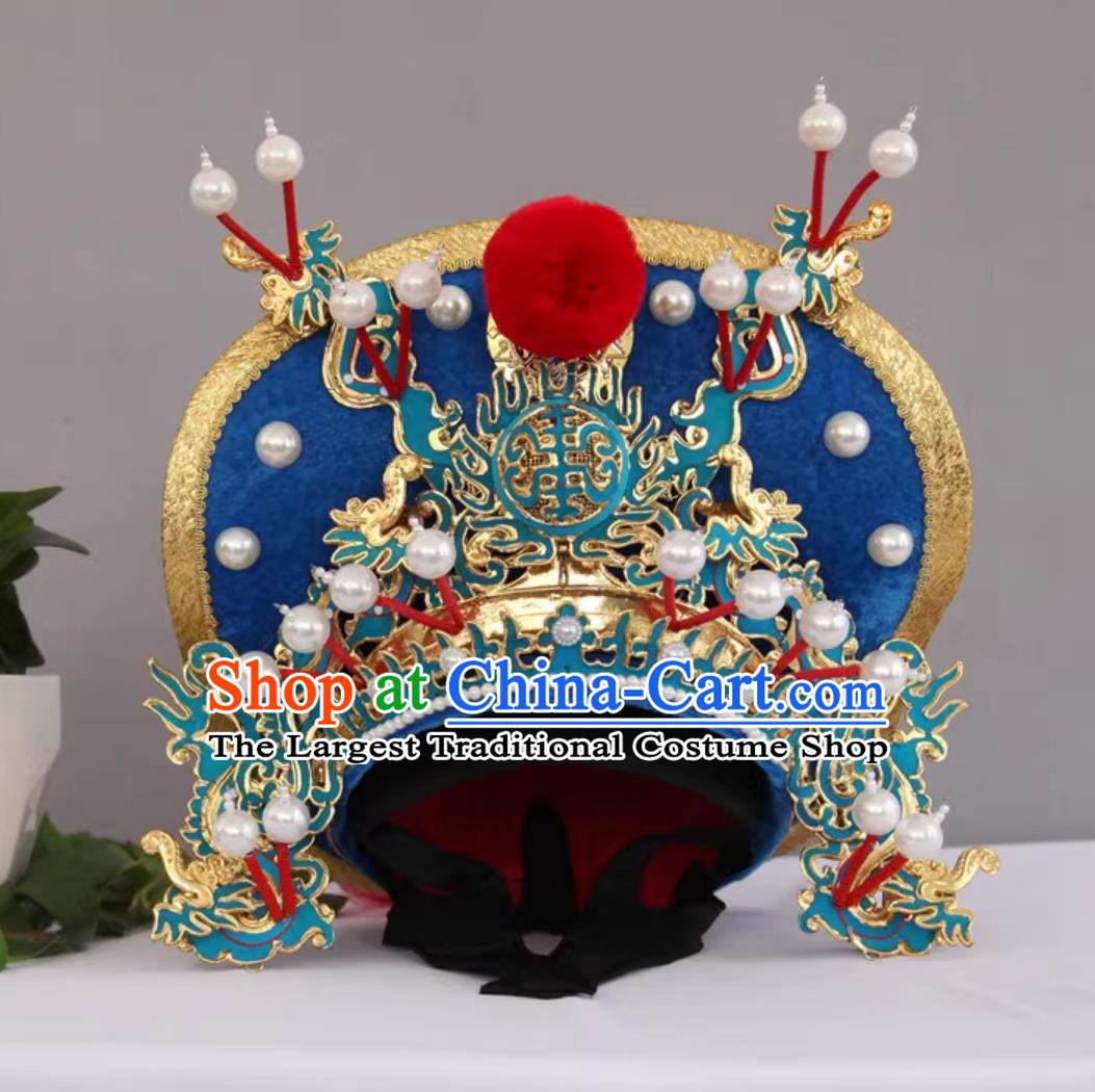 Royal Blue China Sichuan Opera Face Changing Hat Bian Lian Performance Headwear Handmade Magic Show Marshal Helmet