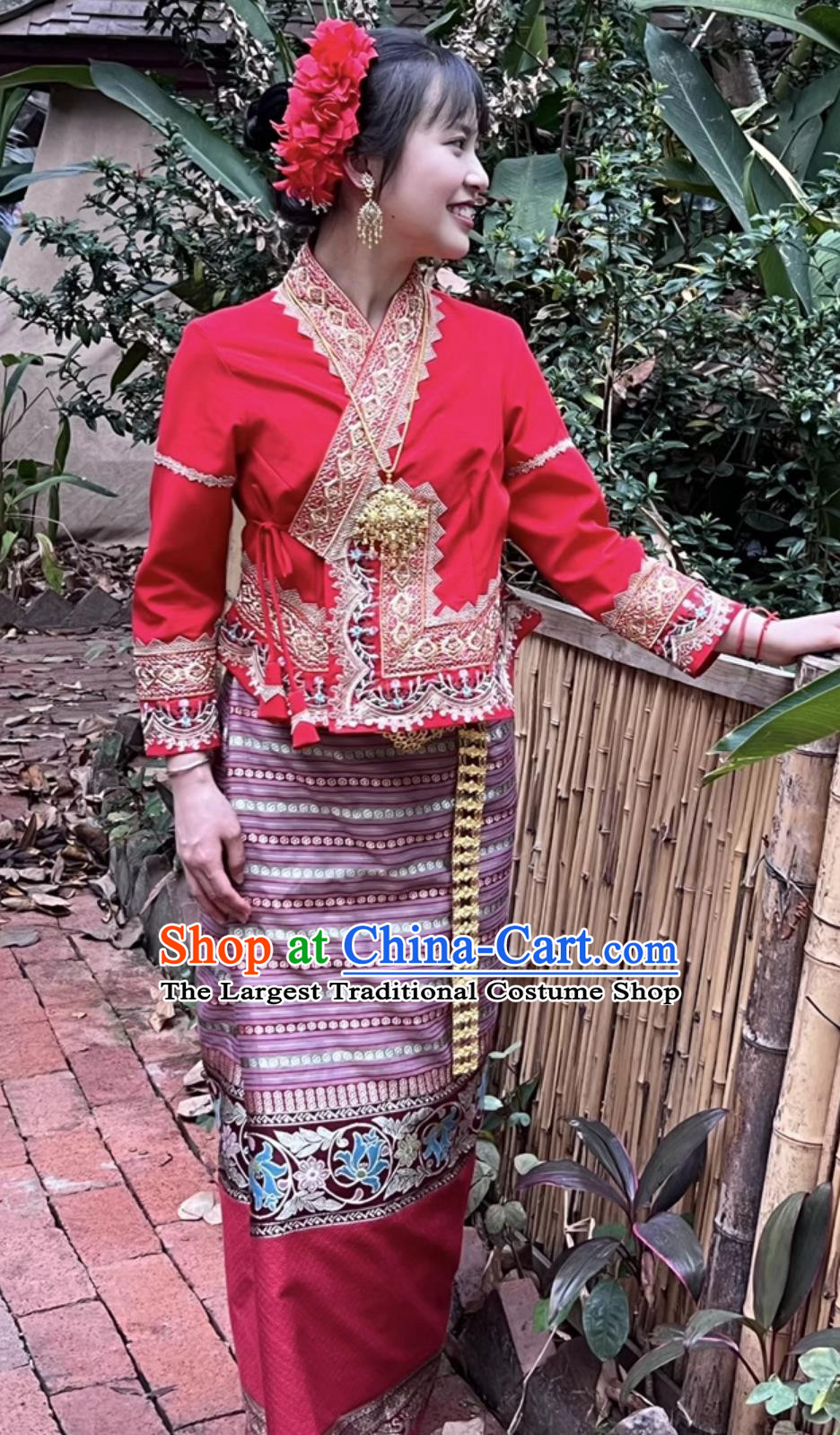 China Xishuangbanna Dai Ethnic Clothing Thailand Design Red Wedding Dress Southeast Asia Style