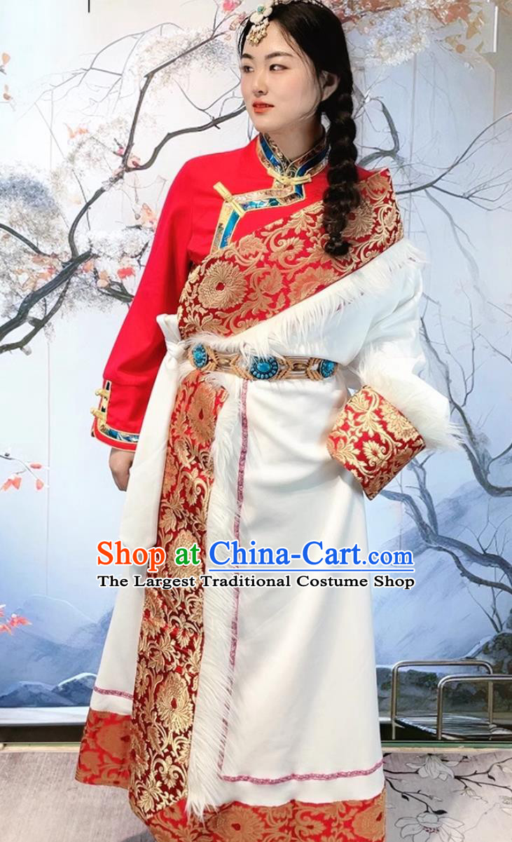 China Tibetan Robe Zang Nationality Woman Wedding Costume Xizang Ethnic Stage Performance Clothing