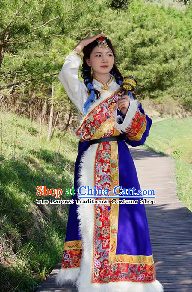 China Zang Nationality Folk Dance Costume Xizang Ethnic Woman Clothing Stage Performance Royal Blue Tibetan Robe