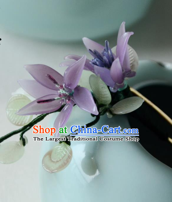 China Ancient Princess Purple Lily Flower Hairpin Handmade Ming Dynasty Dragonfly Hair Clip Traditional Chinese Hanfu Hair Jewelry