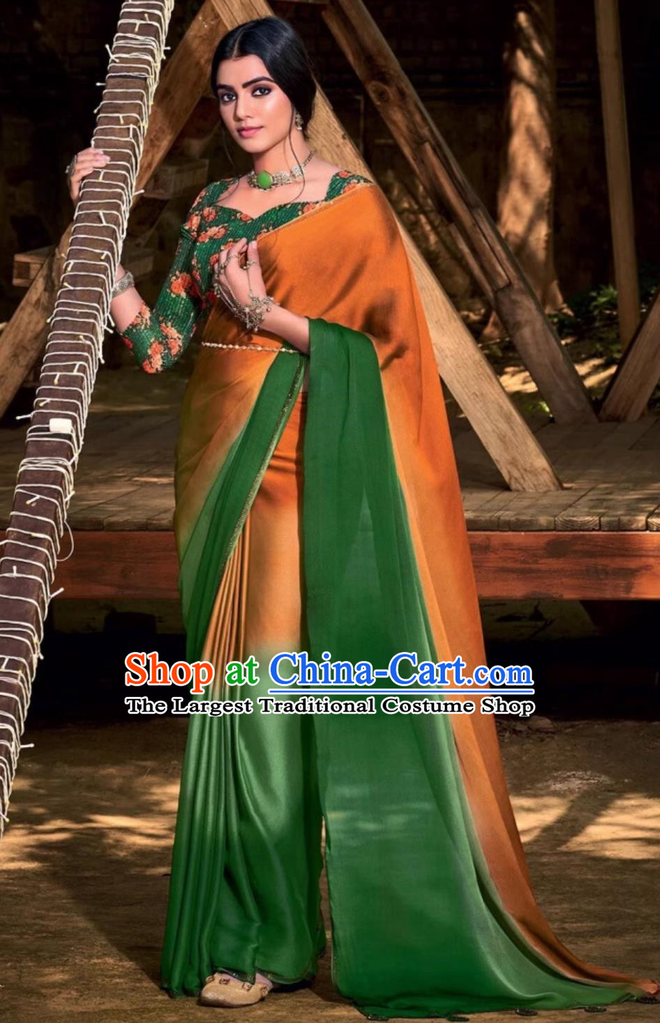 Indian National Costume Green and Orange Dress Traditional Woman Chiffon Sari India Festival Clothing