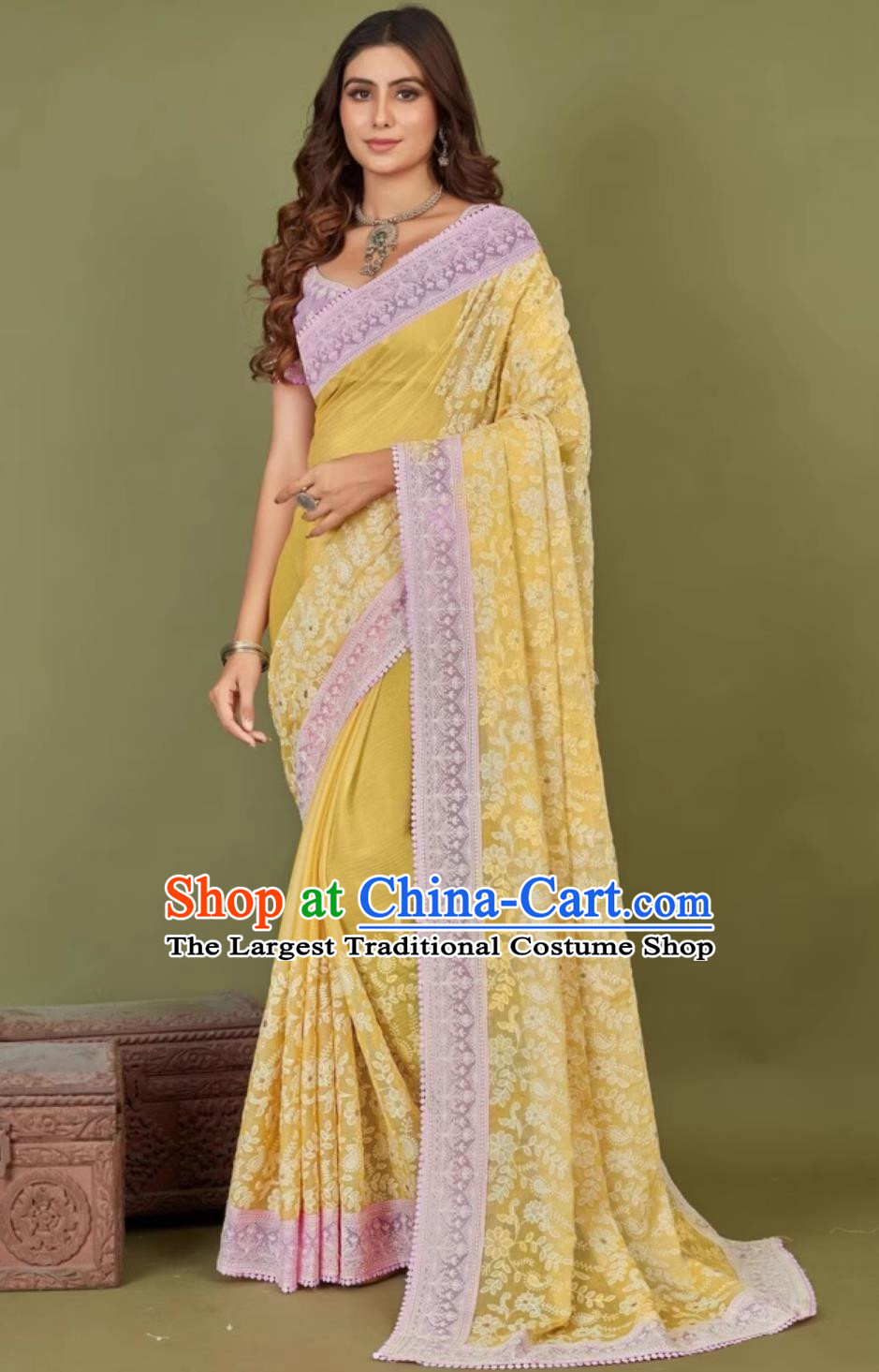 India Woman Summer Costume Indian National Clothing Traditional Festival Yellow Embroidered Sari Dress