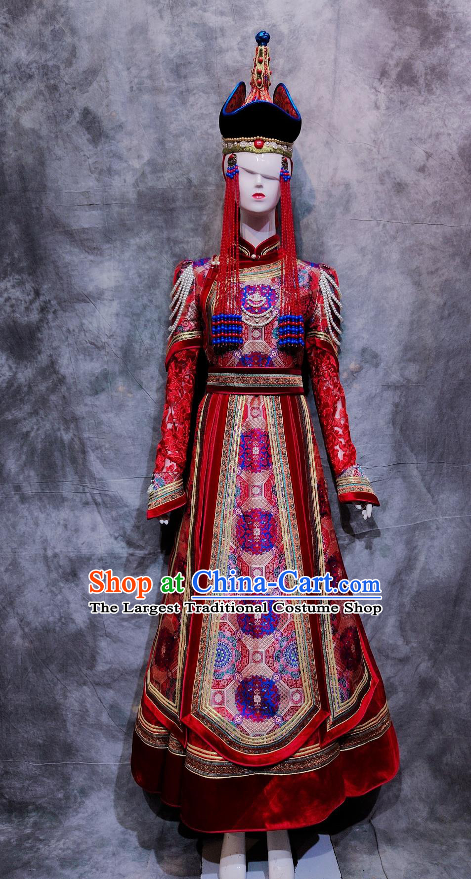 Traditional Wedding Dress Chinese Mongolian Ethnic Festival Costume China Mongol National Minority Woman Red Clothing