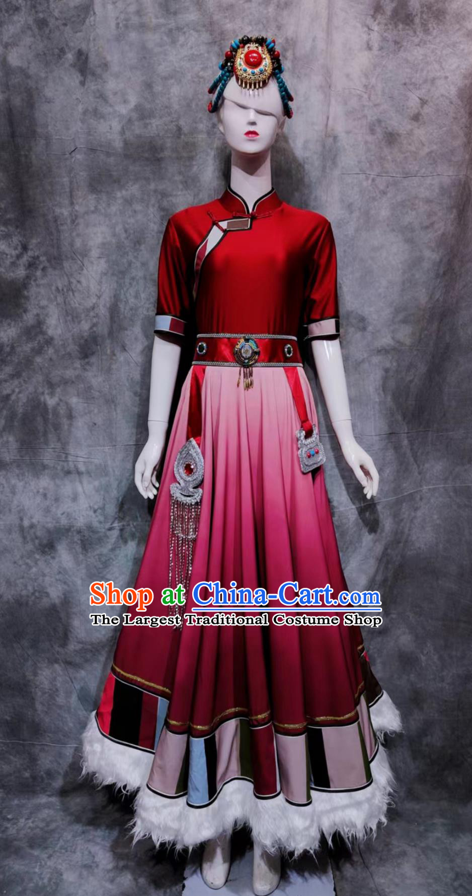 China Zang National Minority Woman Clothing Traditional Stage Show Dress Chinese Tibetan Ethnic Festival Costume