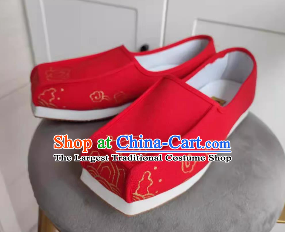 Traditional Hanfu Red Linen Shoes Ancient Chinese Scholar Shoes China Ming Dynasty Male Square Toe Shoes