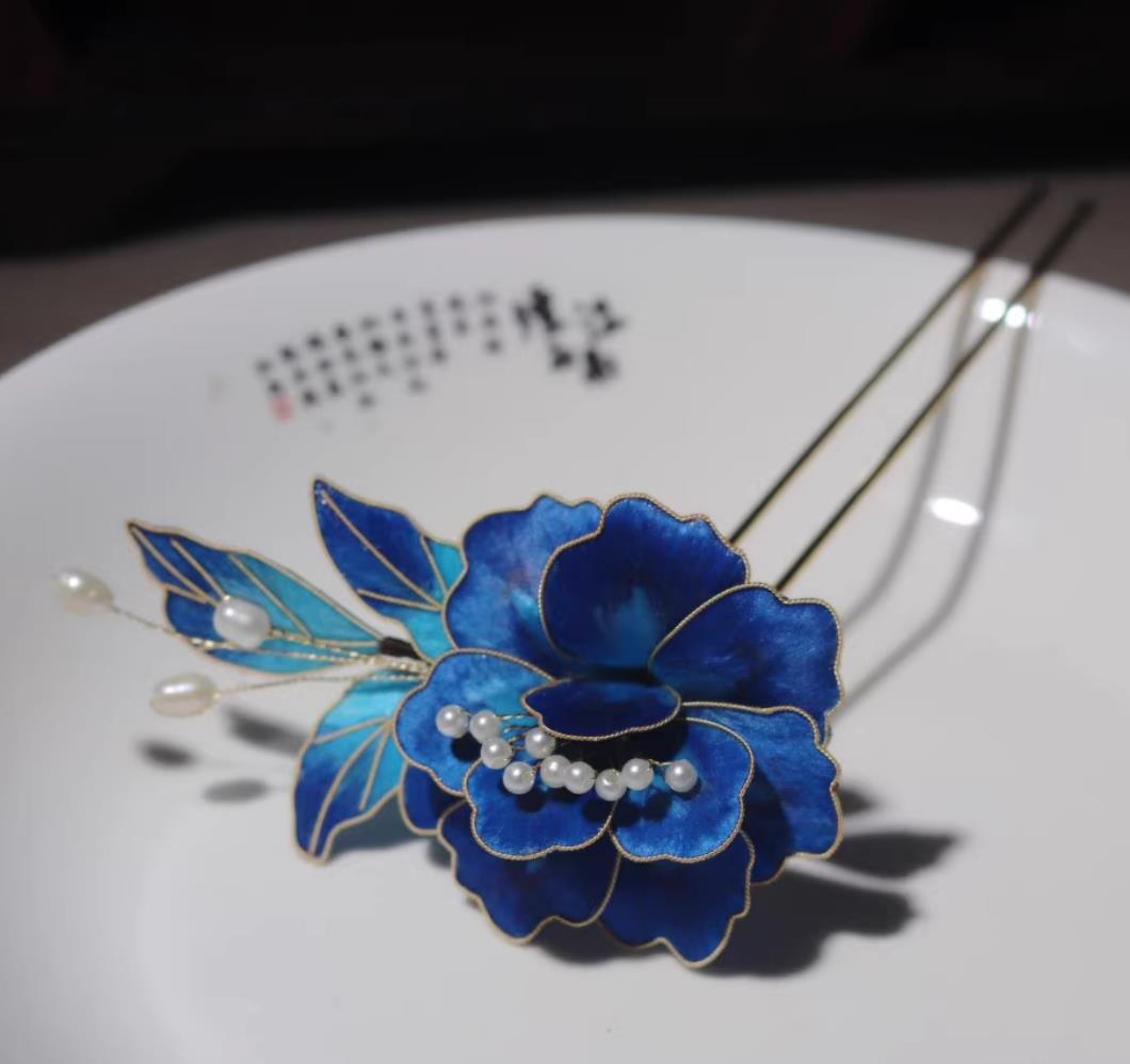 Ancient Chinese Empress Silk Hairpin Handmade China Ming Dynasty Court Woman Royal Blue Peony Hair Clip Traditional Hanfu Hair Jewelry