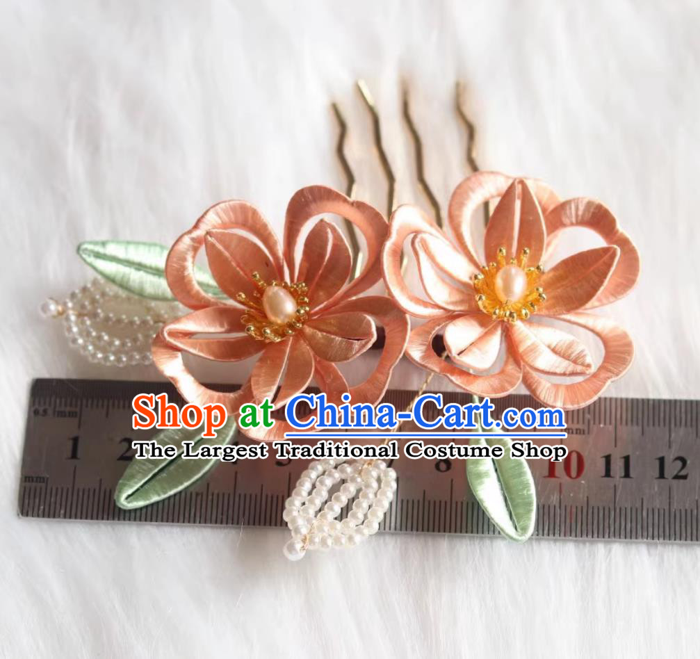 Traditional Chinese Ming Dynasty Hairpin China Hanfu Hair Jewelry Handmade Intangible Cultural Heritage Silk Peach Blossom Hair Comb