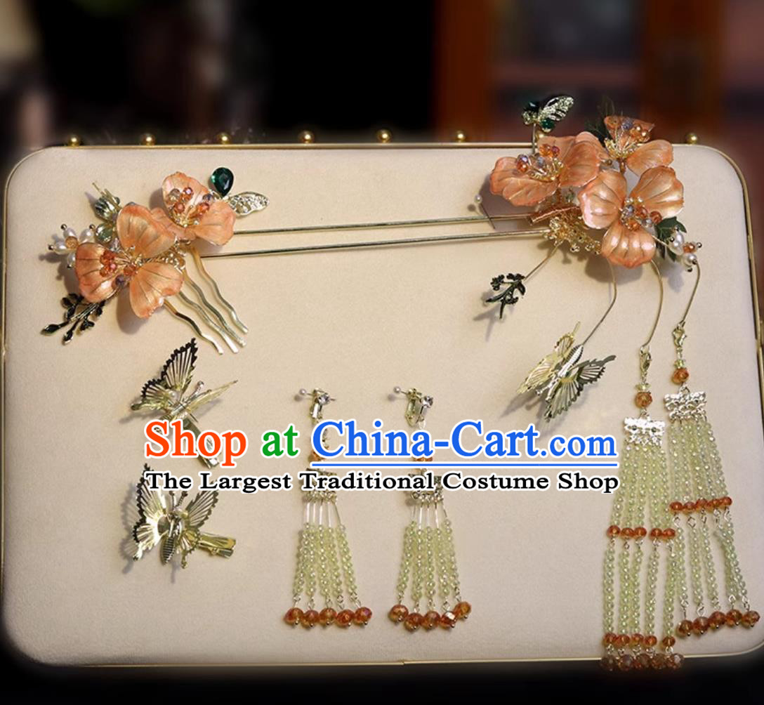 Handmade Bride Hair Accessories and Earrings Traditional Chinese Wedding Headpieces China Hanfu Hair Jewelries