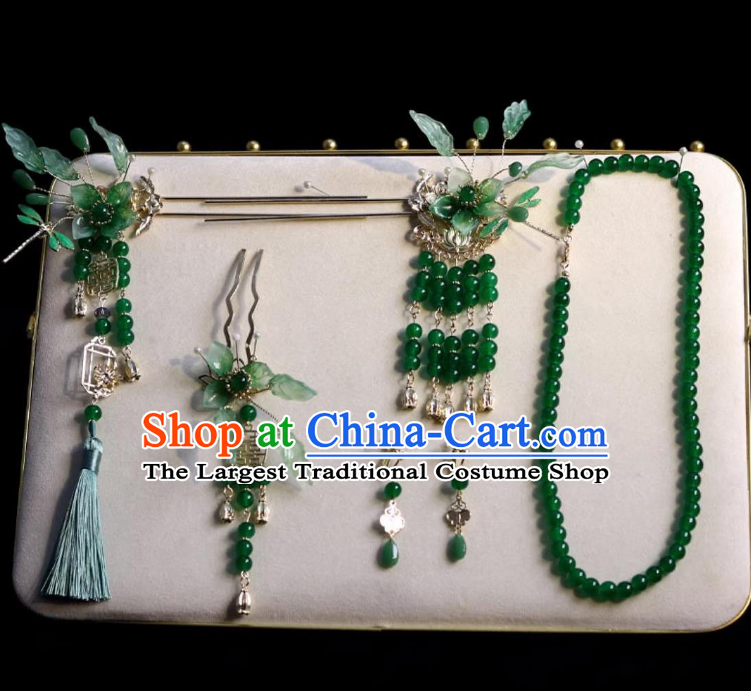 Traditional Chinese Wedding Green Beads Headpieces China Cheongsam Hair Jewelries Handmade Bride Hair Accessories and Earrings