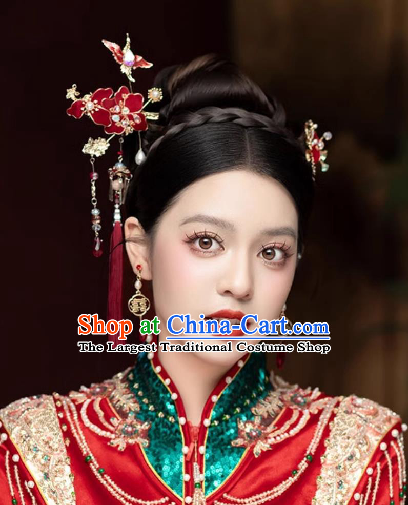 China Cheongsam Hair Jewelries Handmade Bride Hair Accessories and Earrings Traditional Chinese Wedding Red Tassel Headpieces