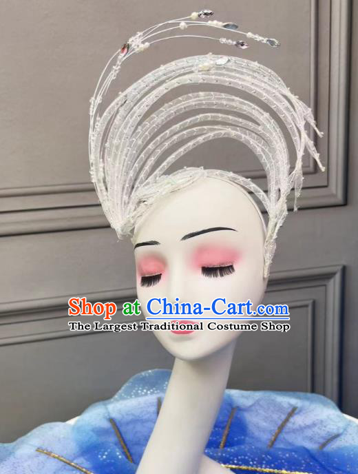 China Opening Dance Headdress Handmade White Sequins Hat Traditional Stage Performance Hair Jewelry