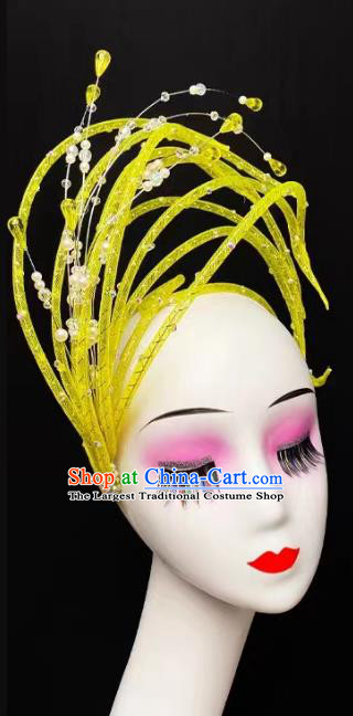 China Opening Dance Headdress Handmade Modern Dance Yellow Sequins Hat Traditional Stage Performance Hair Jewelry