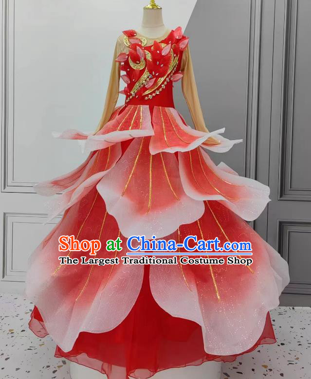 Women Group Stage Performance Costume Chinese Spring Festival Gala Opening Dance Red Flower Petal Clothing Classical Dance Dress