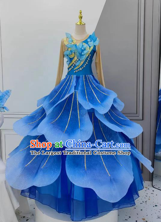 China Classical Dance Dress Women Group Stage Performance Costume Chinese Spring Festival Gala Opening Dance Royal Blue Flower Petal Clothing