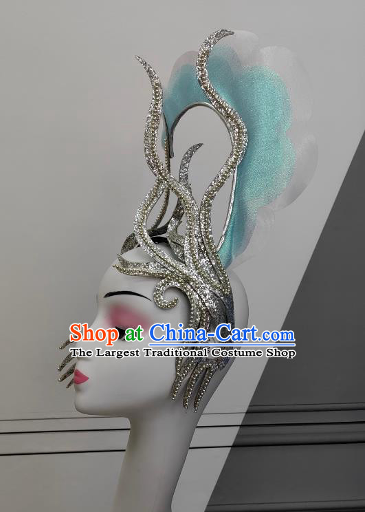 Top Stage Performance Headdress China Opening Dance Light Blue Hat Handmade Classical Dance Headwear