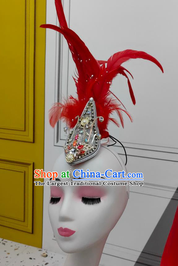 Woman Stage Performance Headdress China Opening Dance Red Feather Hat Handmade Classical Dance Headwear