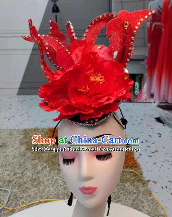 Top Stage Performance Headwear Handmade Classical Dance Red Peony Hat Chinese Opening Dance Hair Jewelry