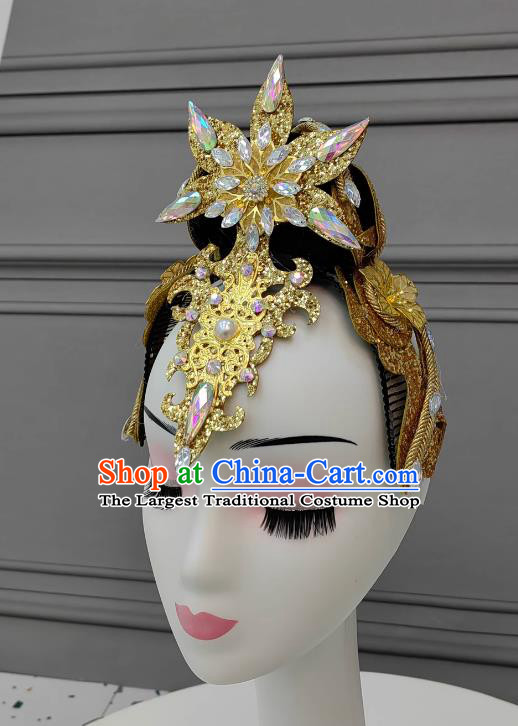 Top Stage Performance Headwear Handmade Modern Dance Golden Headpiece Chinese Opening Dance Hair Jewelry