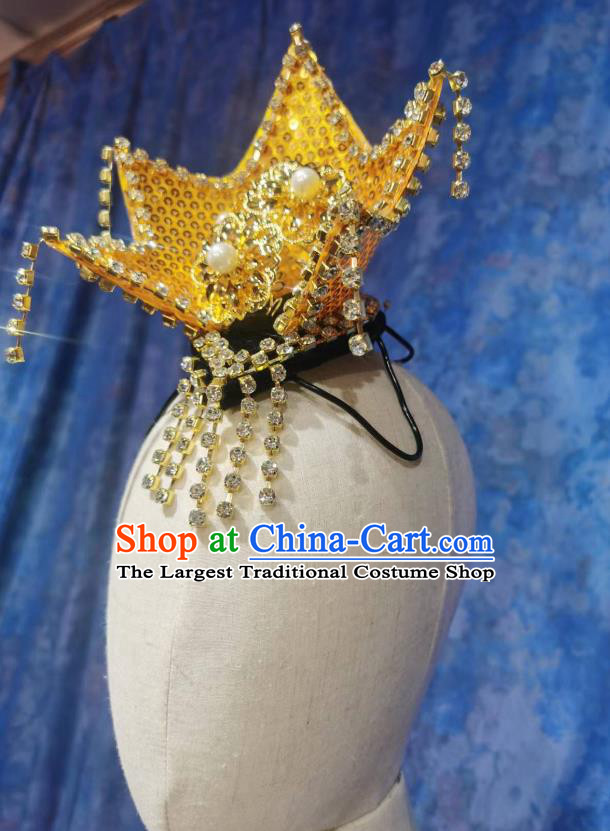 Chinese Classical Dance Hair Jewelry Top Stage Performance Headwear Handmade Korean Dance Golden Headpiece