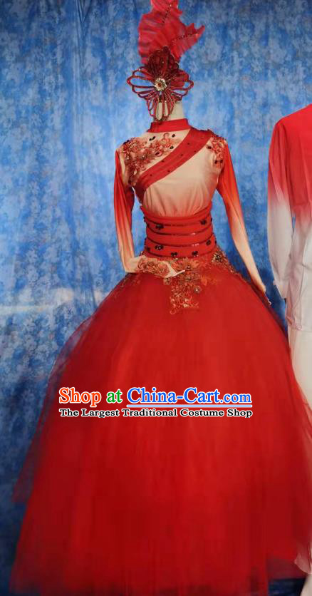Women Group Stage Performance Costume Professional Modern Dance Clothing China Spring Festival Gala Opening Dance Red Dress