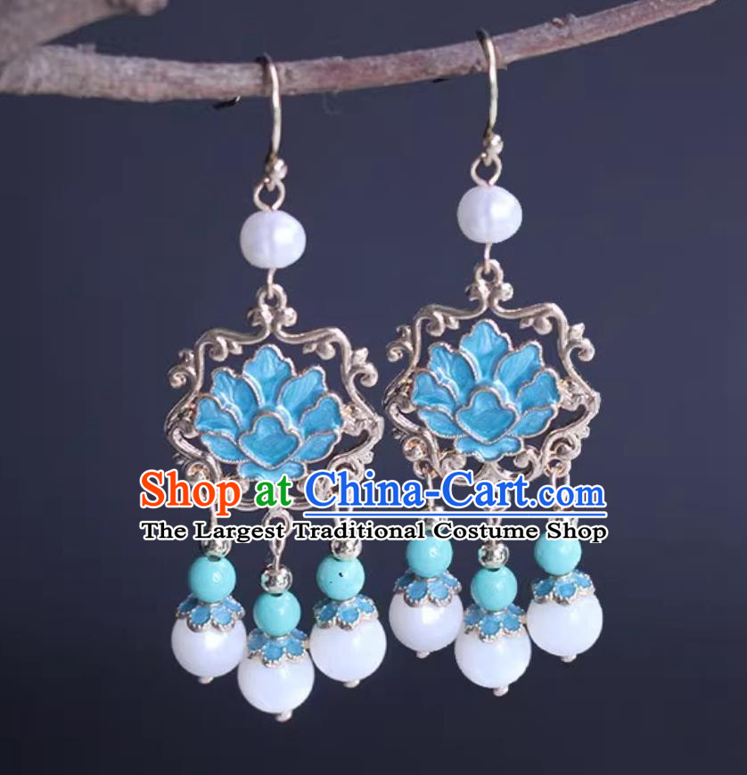 Chinese Hanfu Tassel Ear Jewelries Ancient China Empress Earrings Traditional Ming Dynasty Cloisonn Peony Eardrops