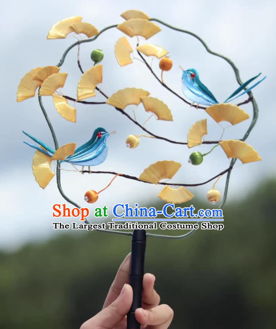 Handmade Silk Ginkgo Leaf Palace Fan Traditional Classical Round Fan Chinese Hanfu Photography Prop