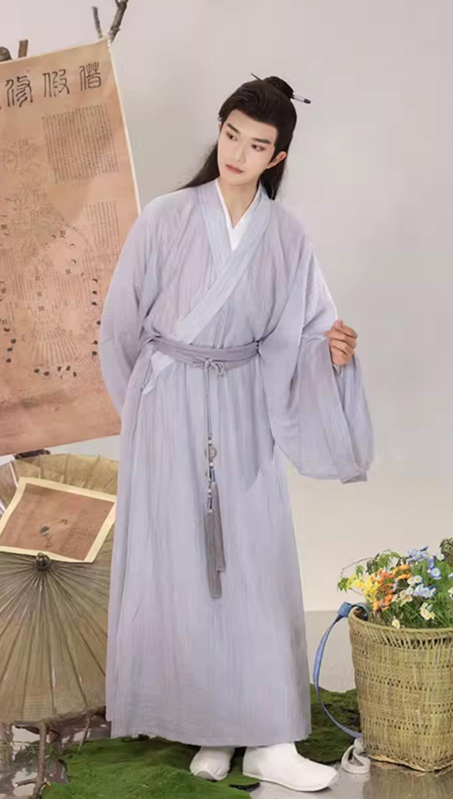 Ancient China Young Man Clothing Traditional Male Hanfu Chinese Song Dynasty Scholar Grey Long Robe
