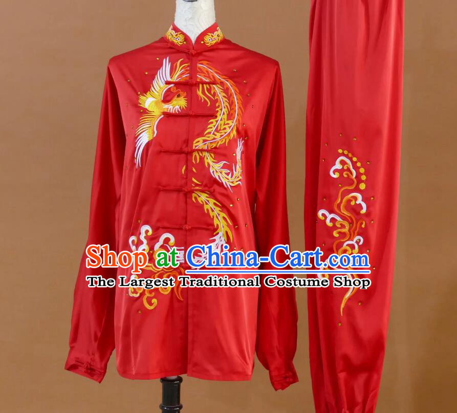 Top Phoenix Embroidery Tai Chi Red Uniform Taiji Chuan Training Suit Kung Fu Costume Martial Arts Clothing