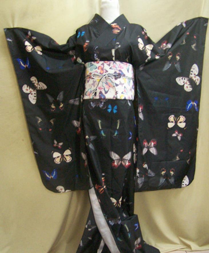 Japan Women Formal Costume Traditional Black Furisode Kimono Cosplay Japanese National Clothing