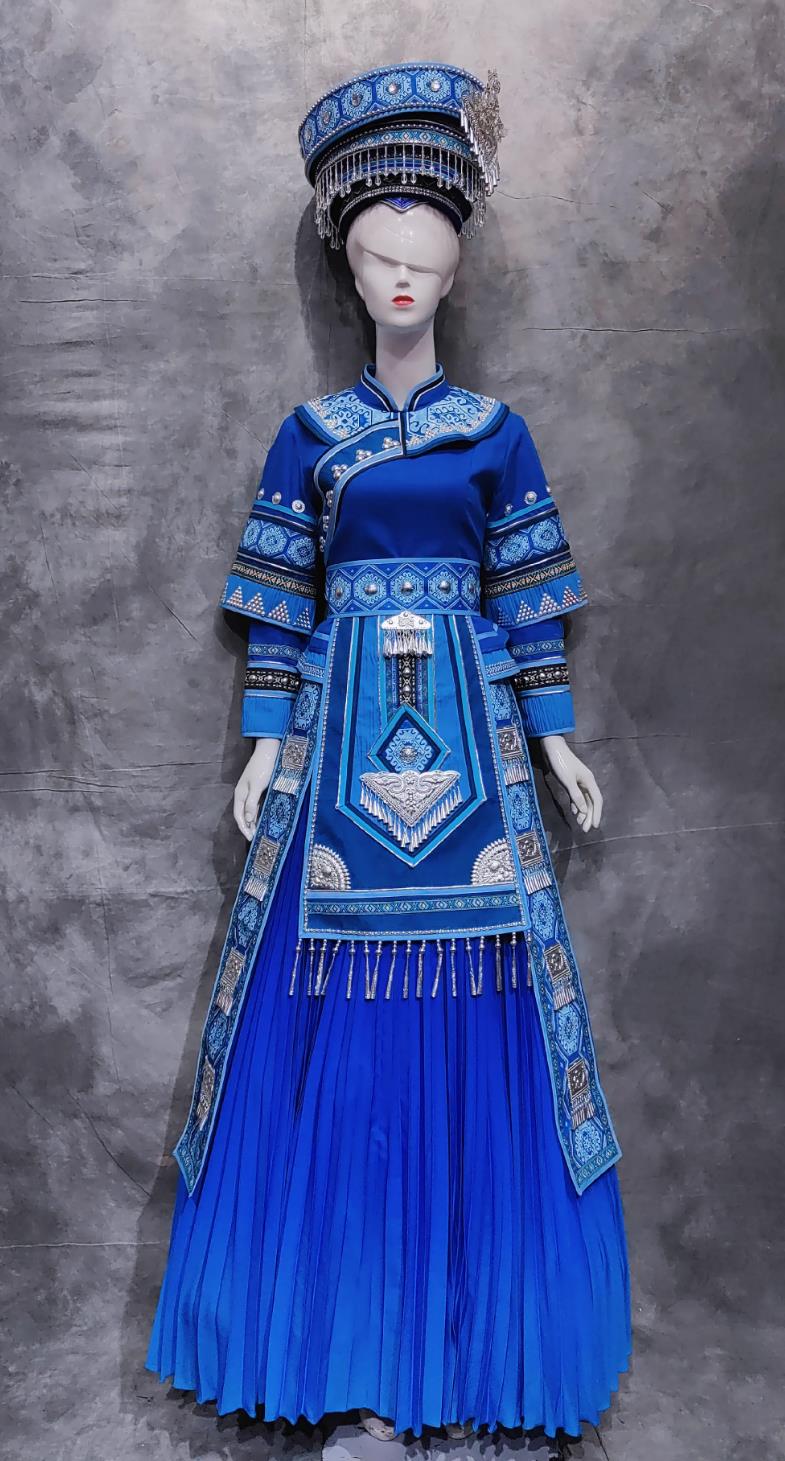Chinese Tujia Ethnic Festival Clothing China Tu Jia National Minority Royal Blue Dress March 3rd Woman Solo Costume