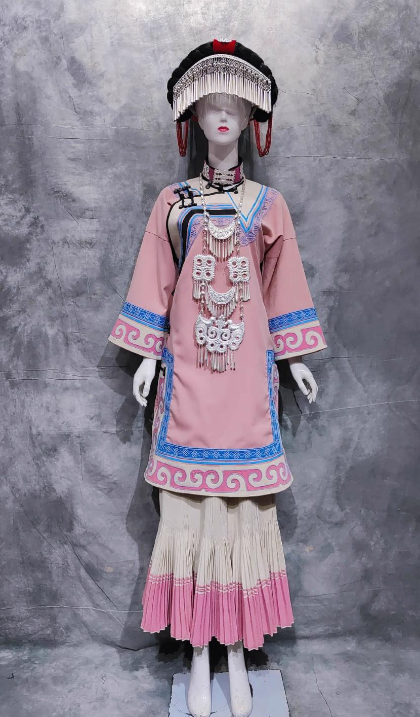 Chinese Ta Liang Mountain Woman Costume China Yi Ethnic Torch Festival Clothing National Minority Dance Pink Dress