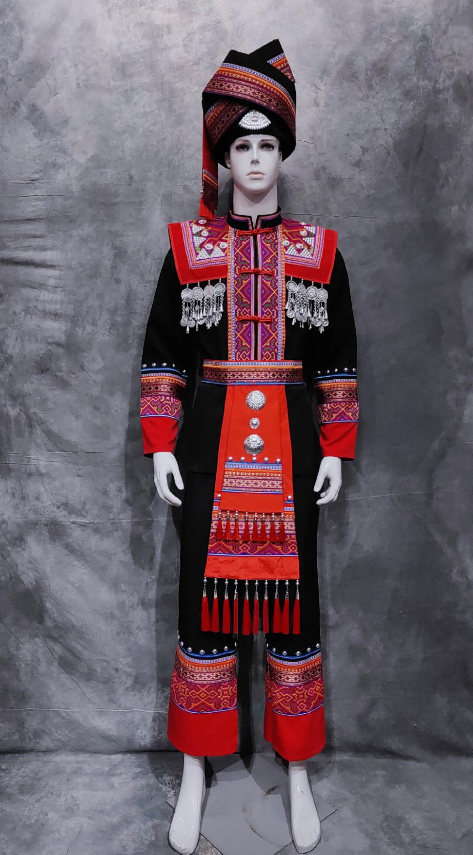 Chinese Guangxi National Minority Male Black Outfit Traditional March 3rd Festival Costume China Zhuang Ethnic Folk Dance Clothing
