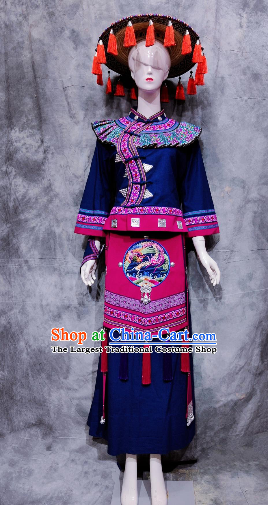 Traditional Chinese Ethnic Dance Costume China Maonan National Minority Woman Clothing Guangxi Travel March 3rd Festival Dark Blue Outfit