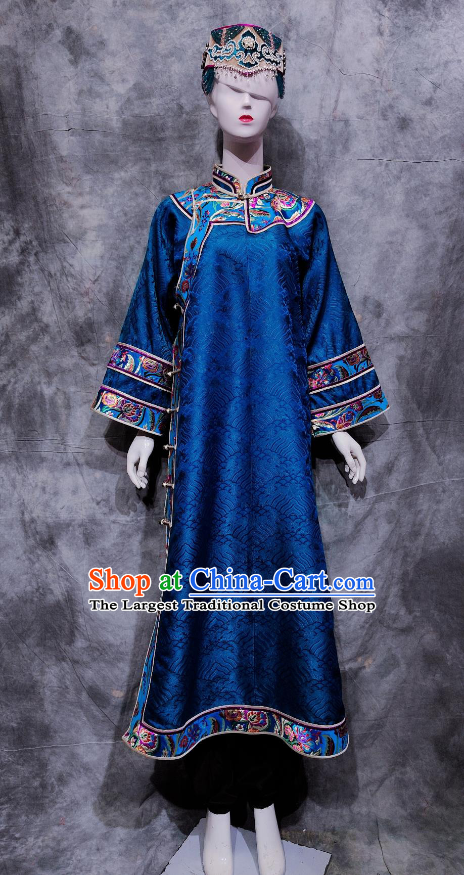 China Daur National Minority Woman Clothing Traditional Inner Mongolia Travel Blue Dress Chinese Evenki Ethnic Dance Costume