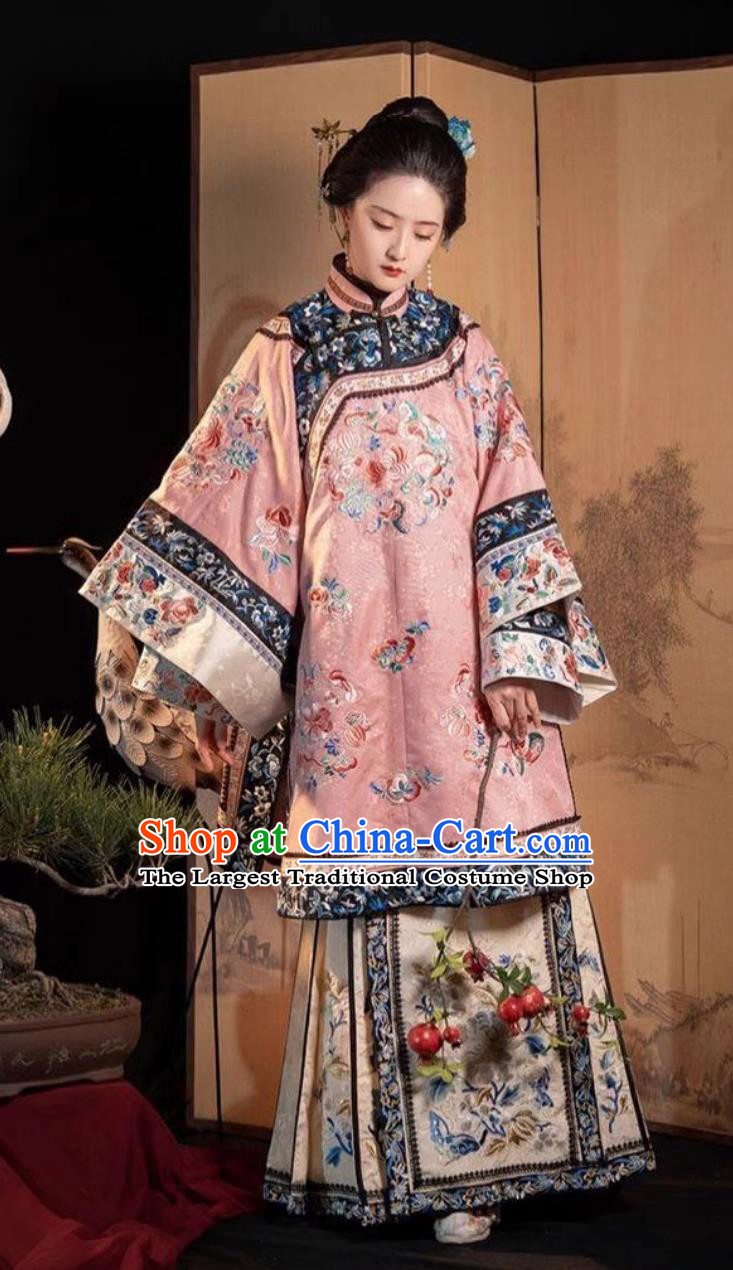 Ancient China Empress Costume Traditional Clothing Pink Embroidered Overcoat and Mamian Skirt Chinese Qing Dynasty Noble Woman Dress