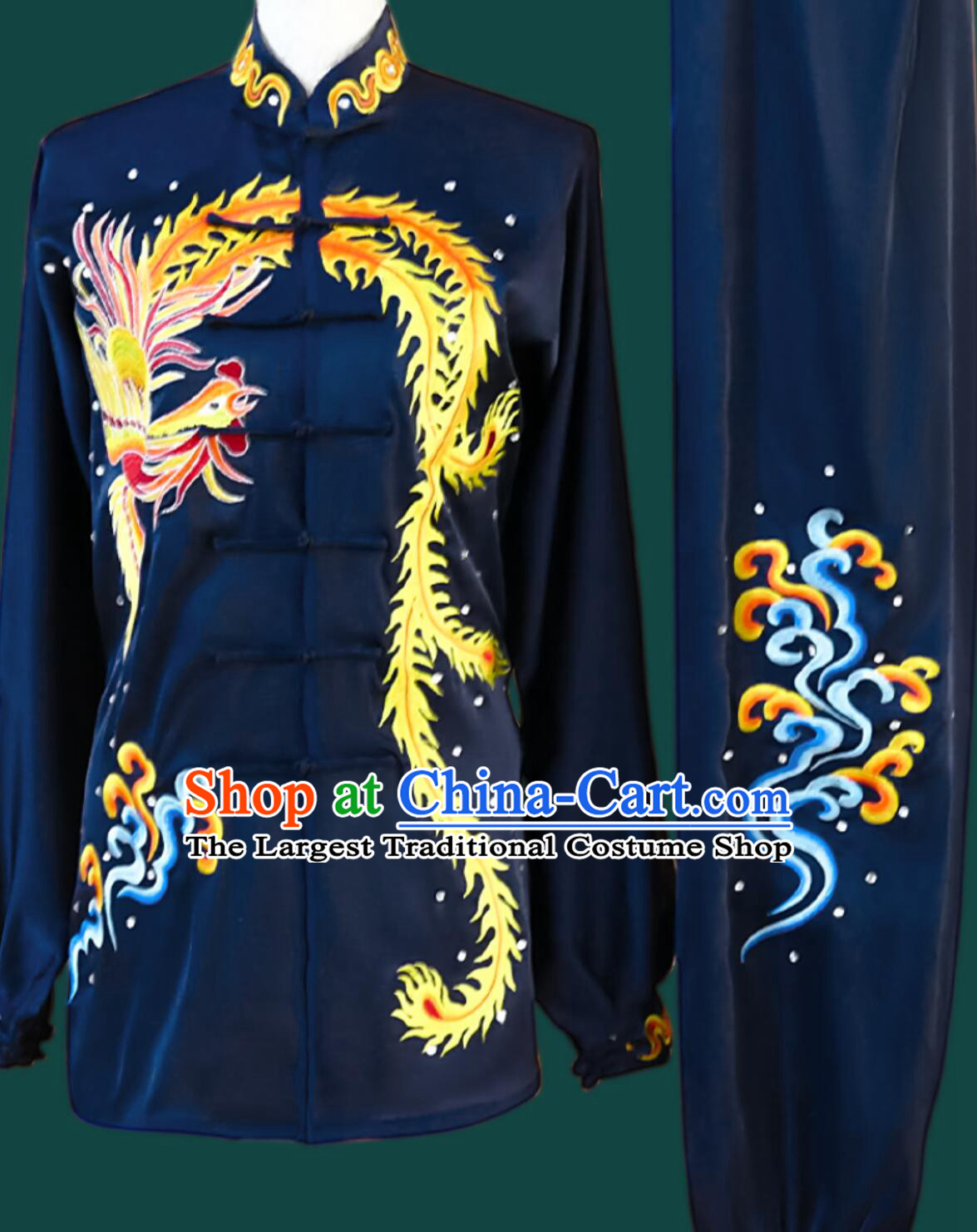 Top Pure Silk Wushu Uniform Dark Blue Embroidered Phoenix Tai Chi Suit Chinese Kung Fu Taiji Costume