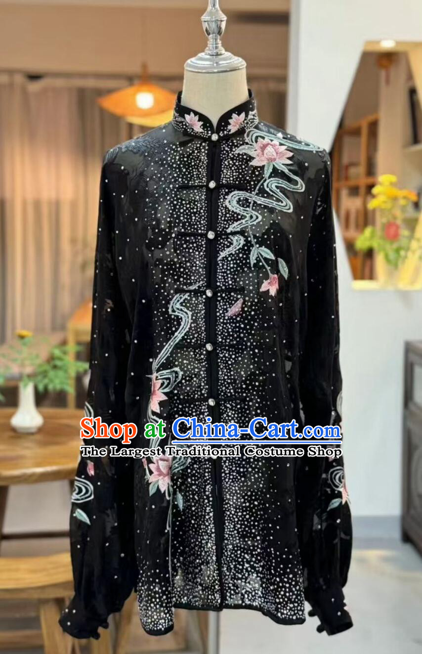 Chinese Kung Fu Taiji Costume Top Pure Silk Wushu Competition Uniform Black Embroidered Tai Chi Suit