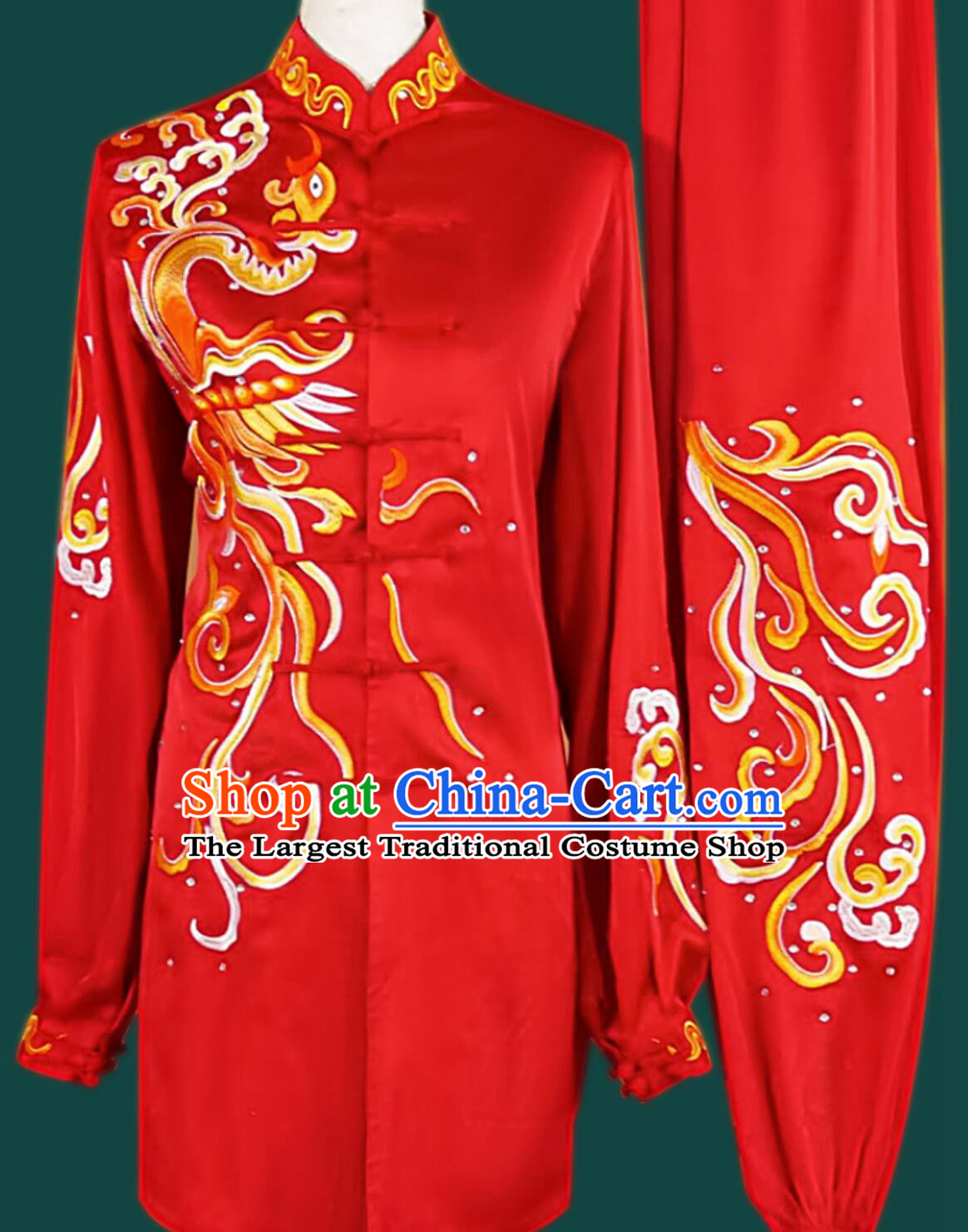 Chinese Kung Fu Taiji Costume Top Pure Silk Wushu Uniform Red Embroidered Phoenix Tai Chi Suit