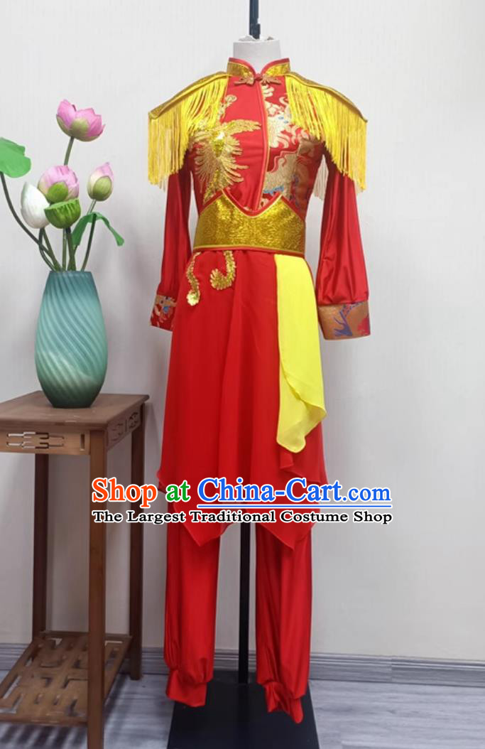China Jiaozhou Folk Dance Clothing Chinese Yangko Dance Drum Show Costume Women Group Performance Red Outfit