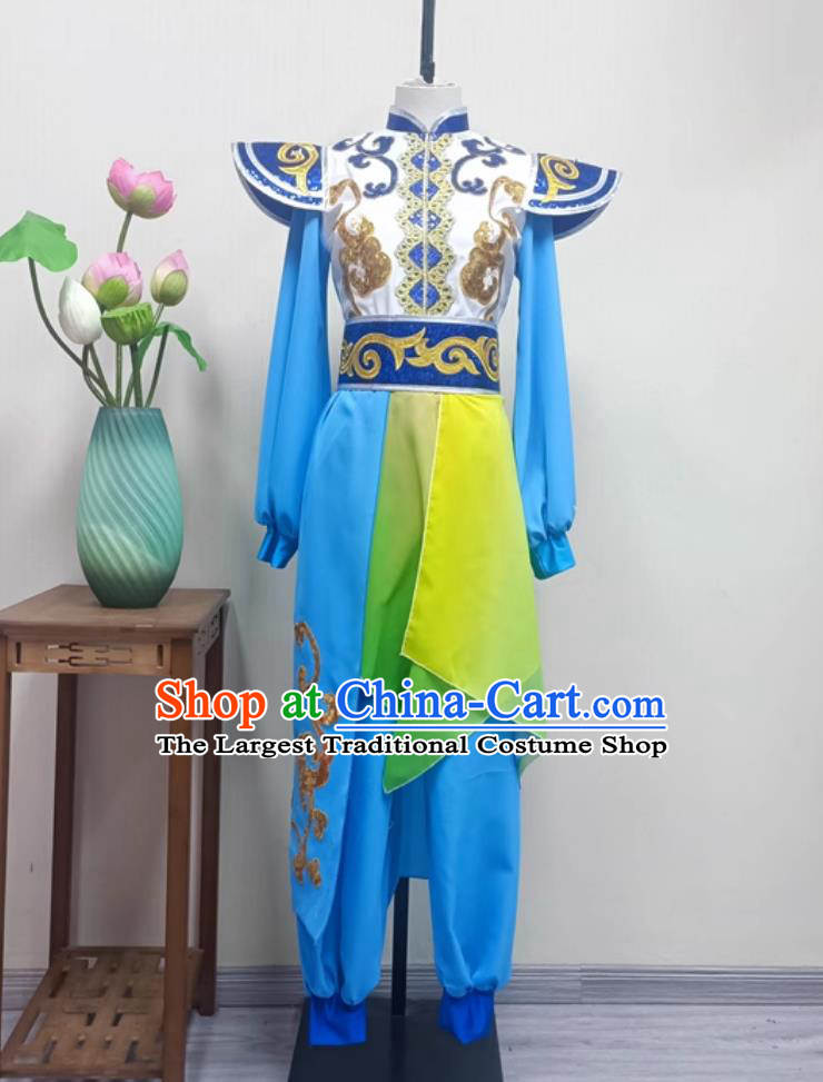 Women Dragon Performance Blue Outfit China Folk Dance Clothing Chinese Yangko Dance Drum Show Costume