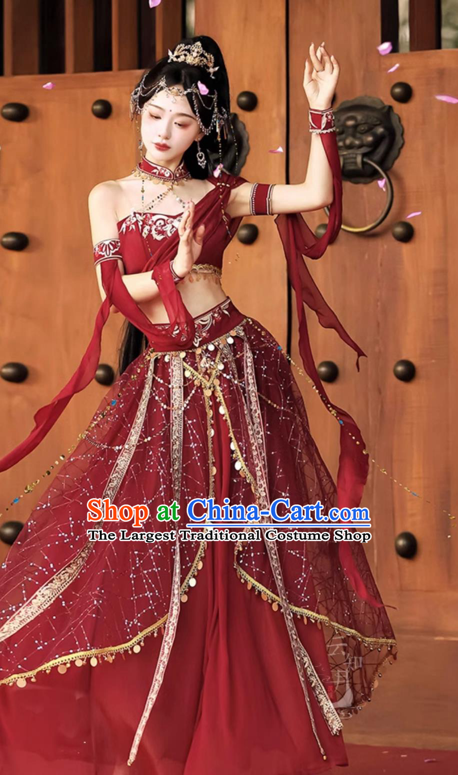 China Dunhuang Feitian Dance Costumes Chinese Flying Apsaras Hanfu Red Dress Complete Set