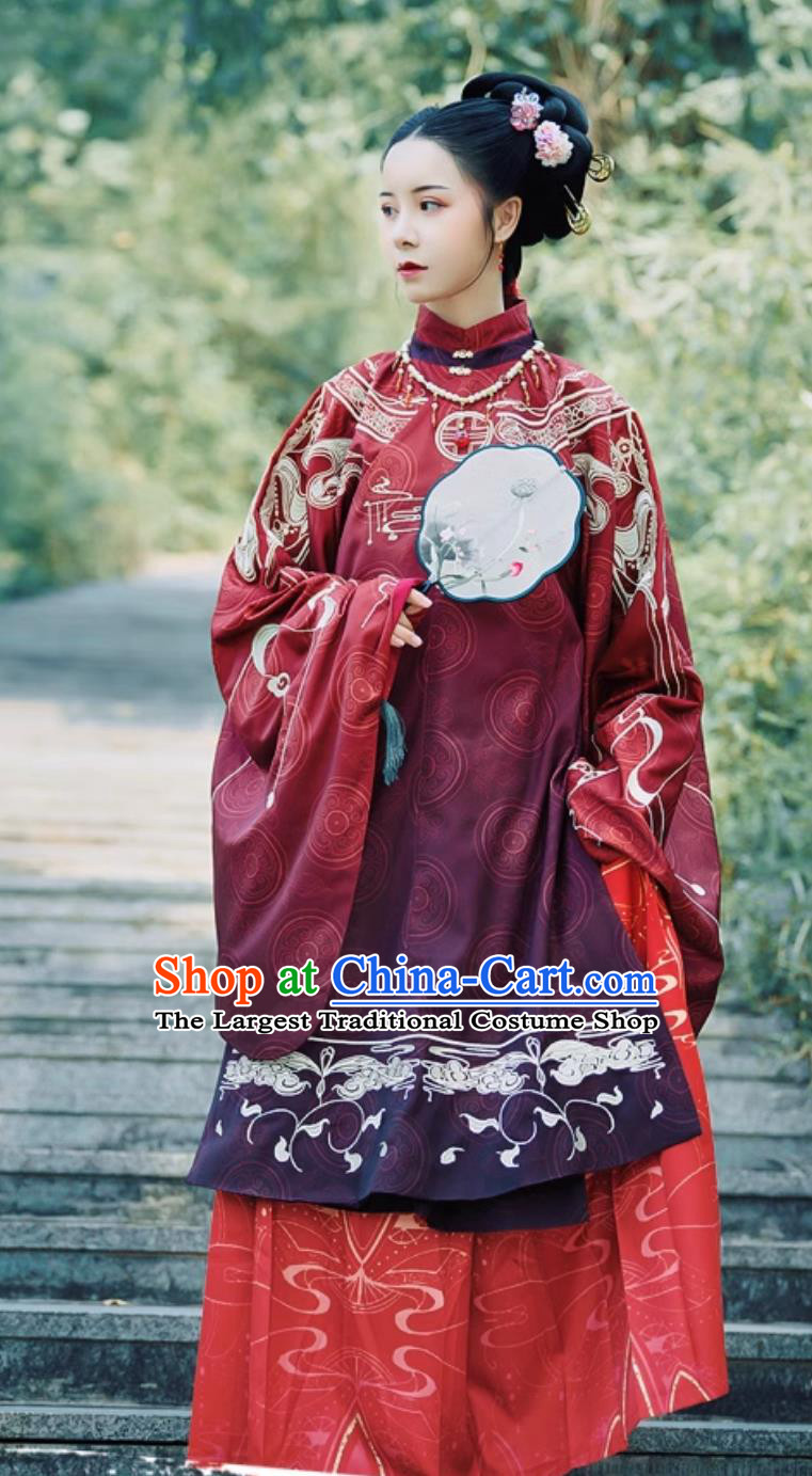 Ancient China Empress Dress Chinese Ming Dynasty Noble Woman Costume Female Hanfu Red Gown and Mamian Skirt