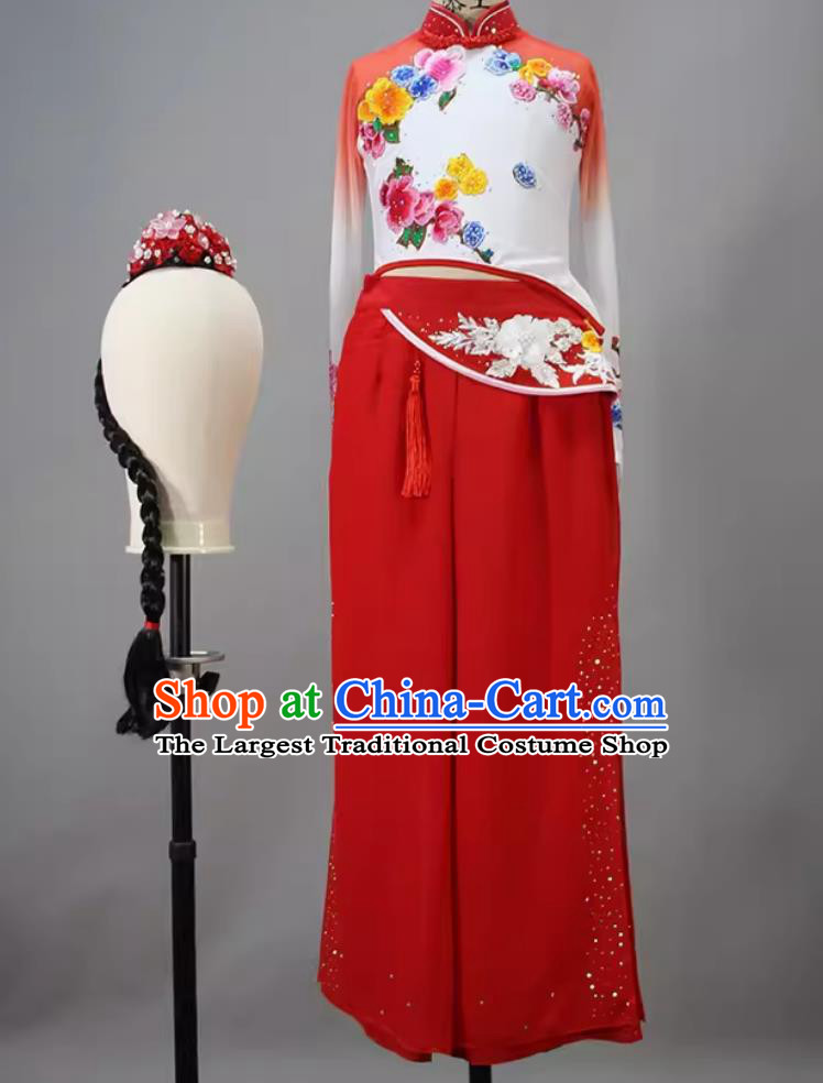 Chldren Group Dance Hu Niu Costume Chinese Folk Dance Clothing China Yangko Dance Red Outfit