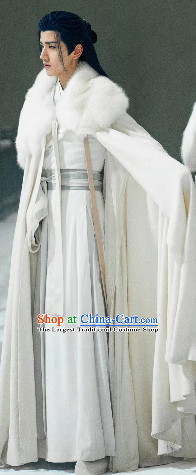 Chinese Traditional Hanfu Ancient China Noble Prince Clothing TV Series Snowy Night Timeless Love Swordsman Miao Feng White Costume and Cloak